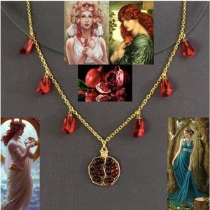 Persephone Greek Goddess Pomegranate and Seeds Handmade Gold & Red Necklace